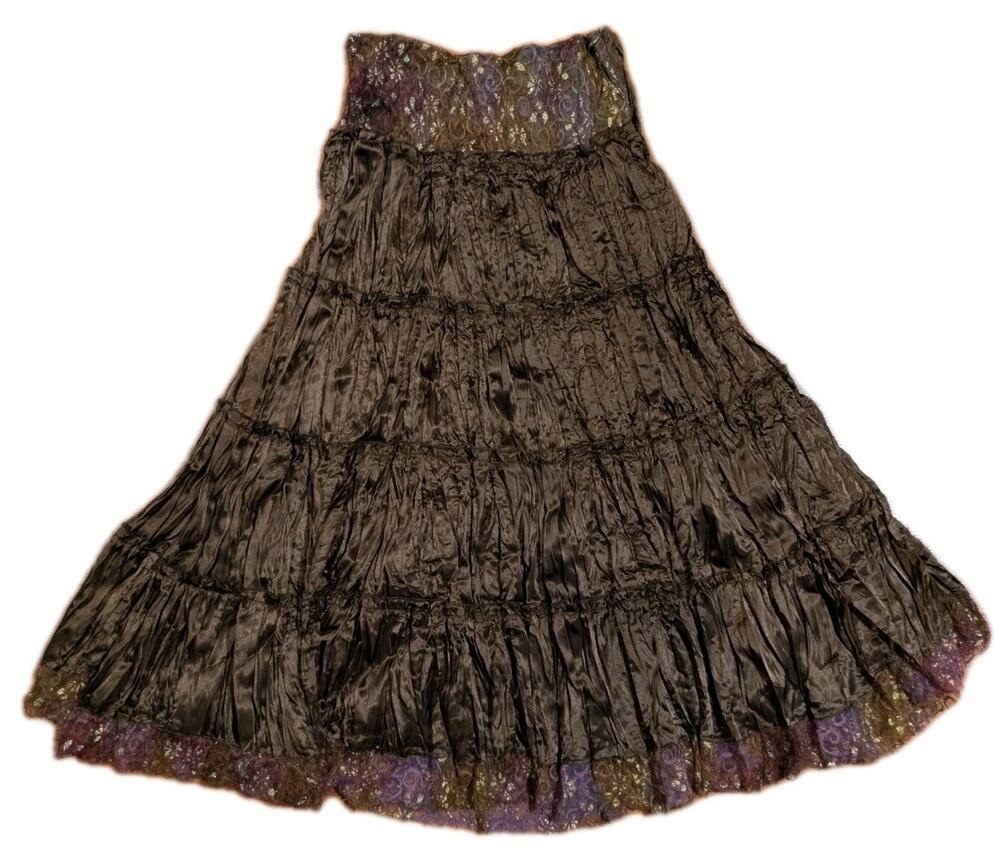 Rave Skirt Womens SML Brown Crinkle Tiered Boho Goth Lace Trim Y2K 90s Fairycore
